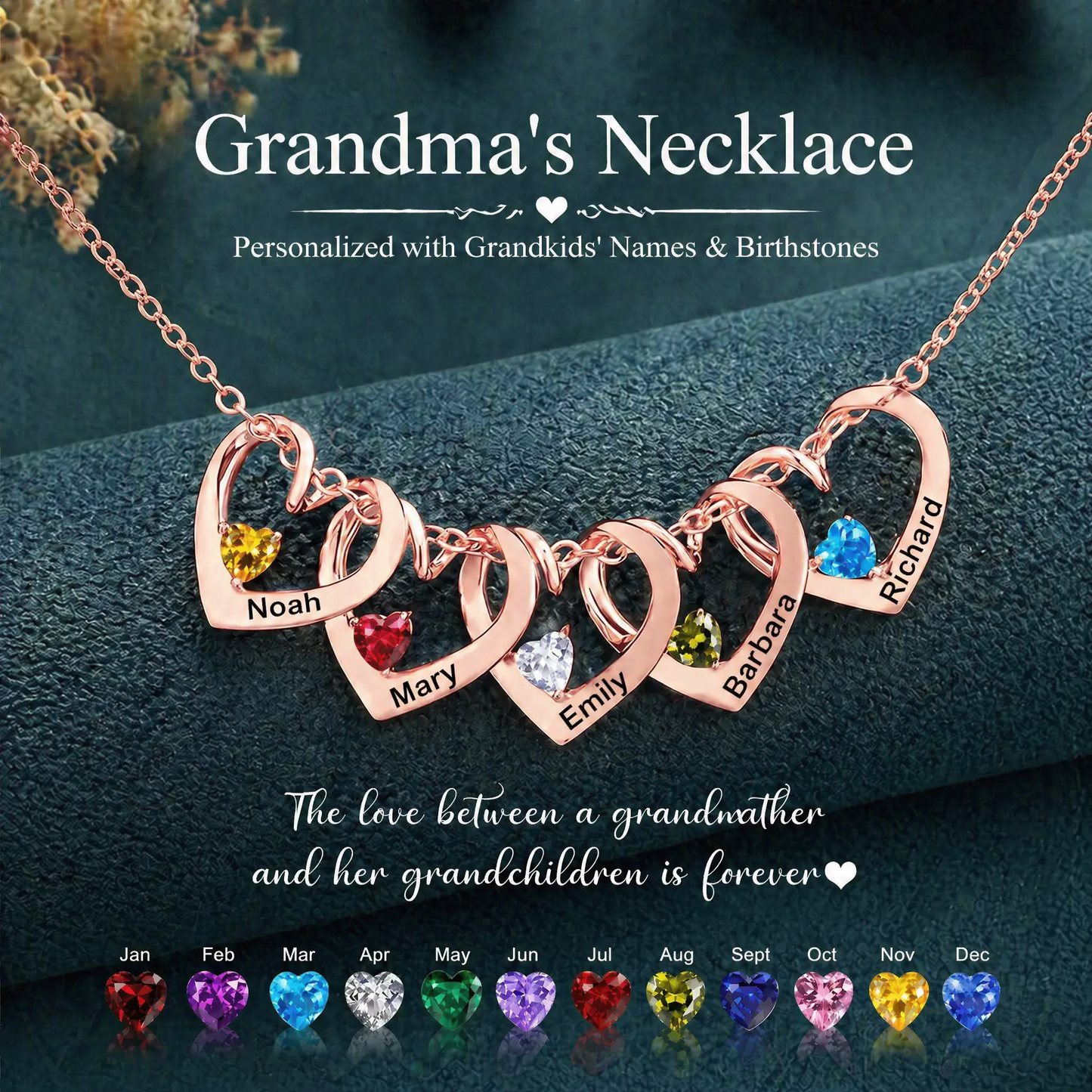 Personalized Heart Name Birthstone Necklace For Mom Grandma