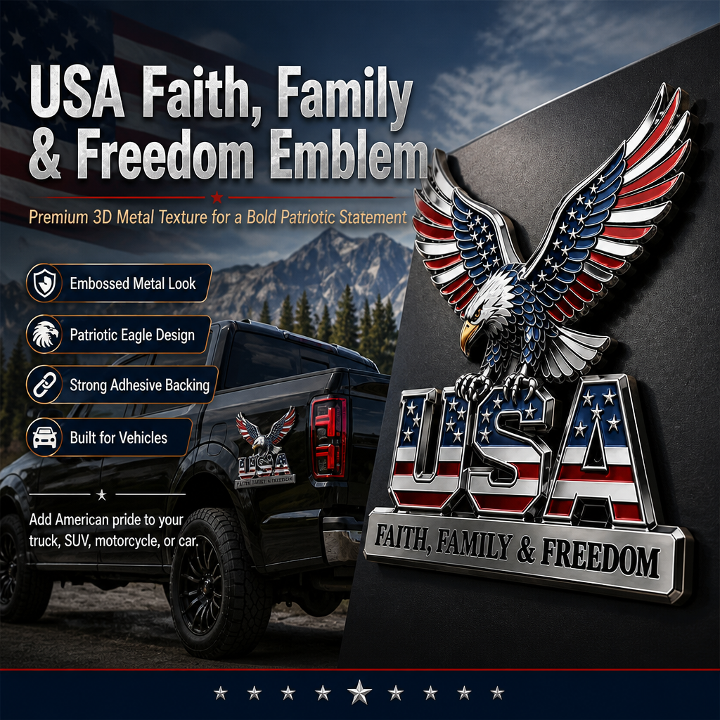 USA Faith, Family & Freedom Eagle Metal Emblem - Patriotic 3D Car Decal