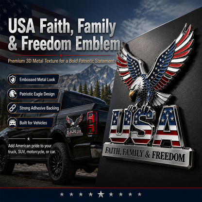 USA Faith, Family & Freedom Eagle Metal Emblem - Patriotic 3D Car Decal