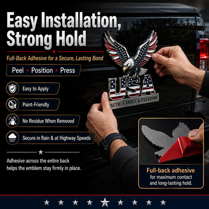 USA Faith, Family & Freedom Eagle Metal Emblem - Patriotic 3D Car Decal