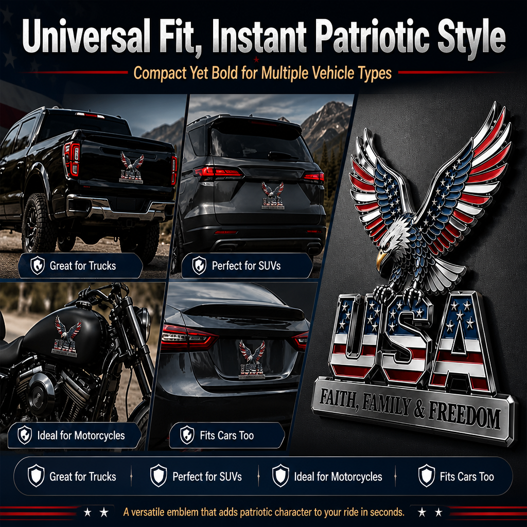 USA Faith, Family & Freedom Eagle Metal Emblem - Patriotic 3D Car Decal