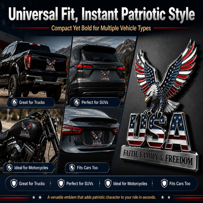 USA Faith, Family & Freedom Eagle Metal Emblem - Patriotic 3D Car Decal