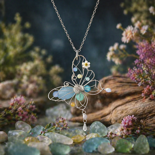 Sea Glass Butterfly & Dragonfly Pendant Necklace — Handmade Beach Jewelry Gift