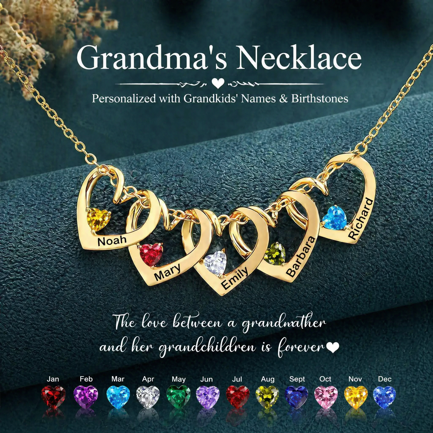 Personalized Heart Name Birthstone Necklace For Mom Grandma