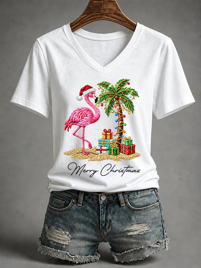 Women's Flamingo Christmas Print Casual T-shirt